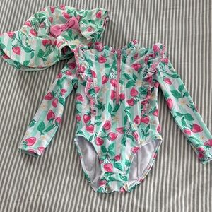 Floral Strawberry Baby Swimsuit with Hat